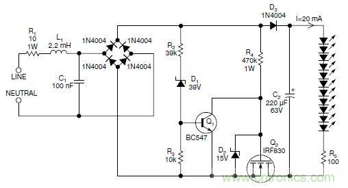 圖2：斬波工作類似圖1中的電路，但以較大的LED串聯(lián)電阻代替了恒流源，提供限流功能