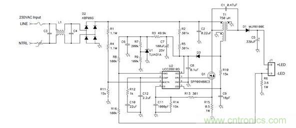 該拓撲不僅可提供良好功率因數(shù)，而且還符合EN61000-3-2C類標準