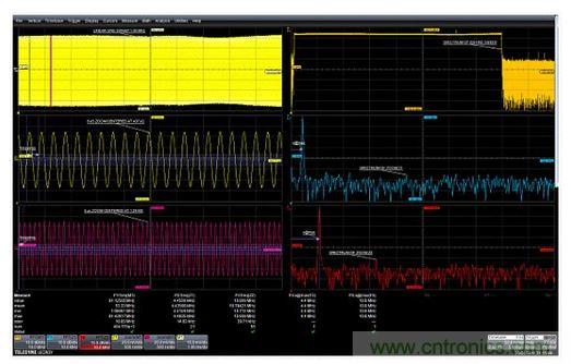 使用縮放功能選通FFT的例子。在437&mu;s和1.42ms處采集的兩個5&mu;s縮放波形顯示了作為時間函數的頻率的差別。