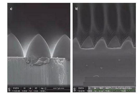 圖案化藍(lán)寶石基板通過(guò)光致抗蝕劑掩膜在電感耦合等離子體干法反應(yīng)性腐蝕保持良好剛性結(jié)構(gòu)（如圖a）,然而，如果光致抗蝕劑掩膜的剛性結(jié)構(gòu)在抗蝕過(guò)程中沒(méi)有得到保持，那么結(jié)果會(huì)很差（如圖b）