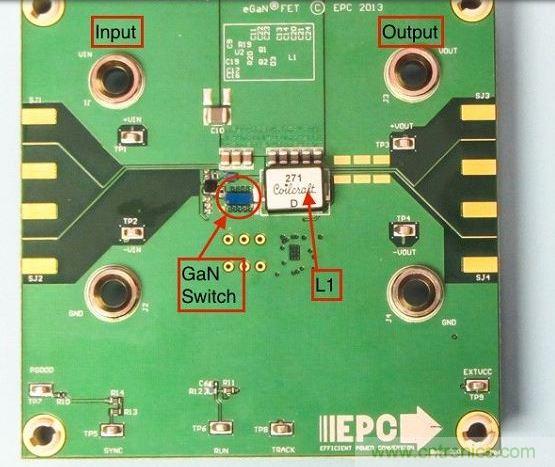 演示板用于顯示GaN的EMI。該GaN組件被圈定，我會在L1左側(cè)測量切換的波形。