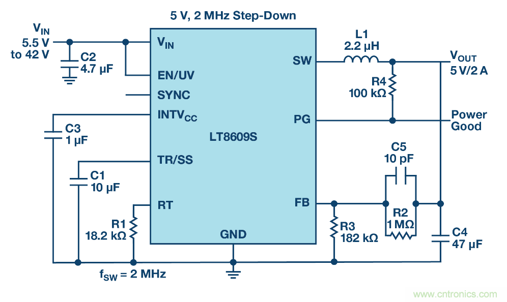 具 2.5 &mu;A 靜態(tài)電流和超低 EMI 輻射的 42 V、2 A/3 A 峰值同步降壓型穩(wěn)壓器
